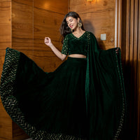 Bottle Green Sequin And Zari Work Velvet Lehenga
