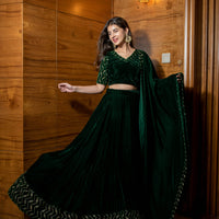 Bottle Green Sequin And Zari Work Velvet Lehenga