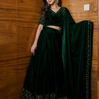Bottle Green Sequin And Zari Work Velvet Lehenga