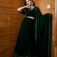 Bottle Green Sequin And Zari Work Velvet Lehenga