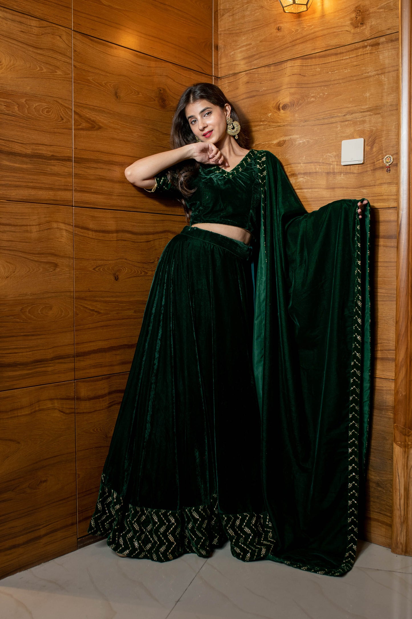 Bottle Green Sequin And Zari Work Velvet Lehenga