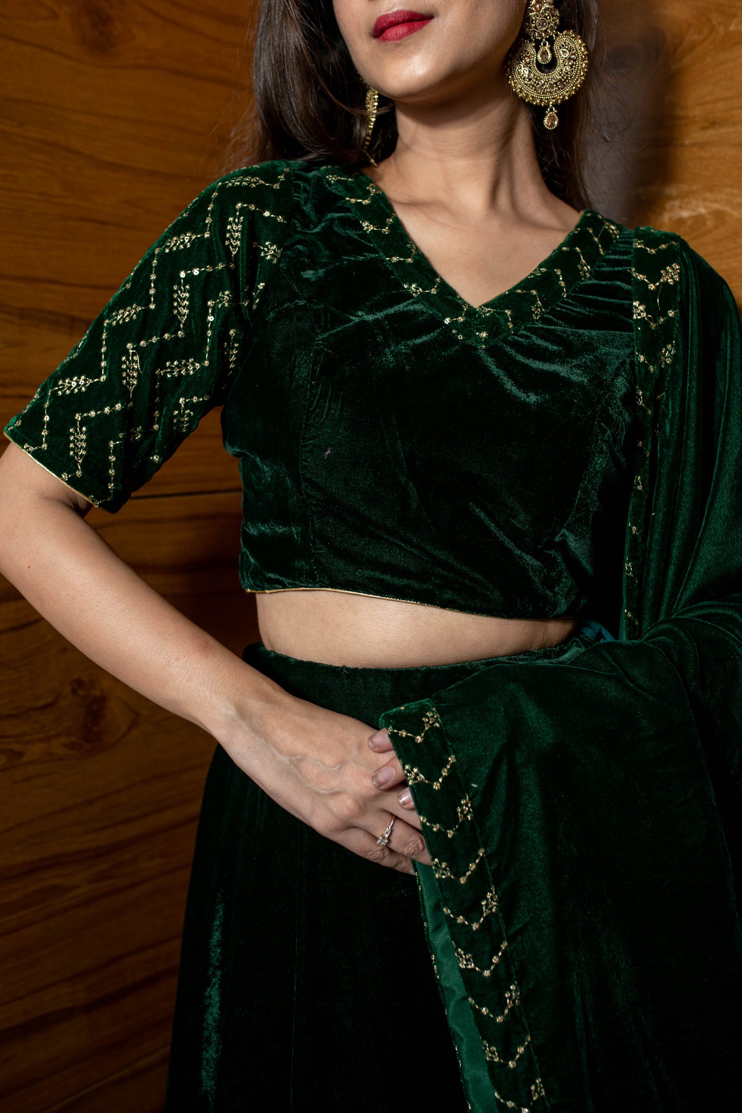 Bottle Green Sequin And Zari Work Velvet Lehenga