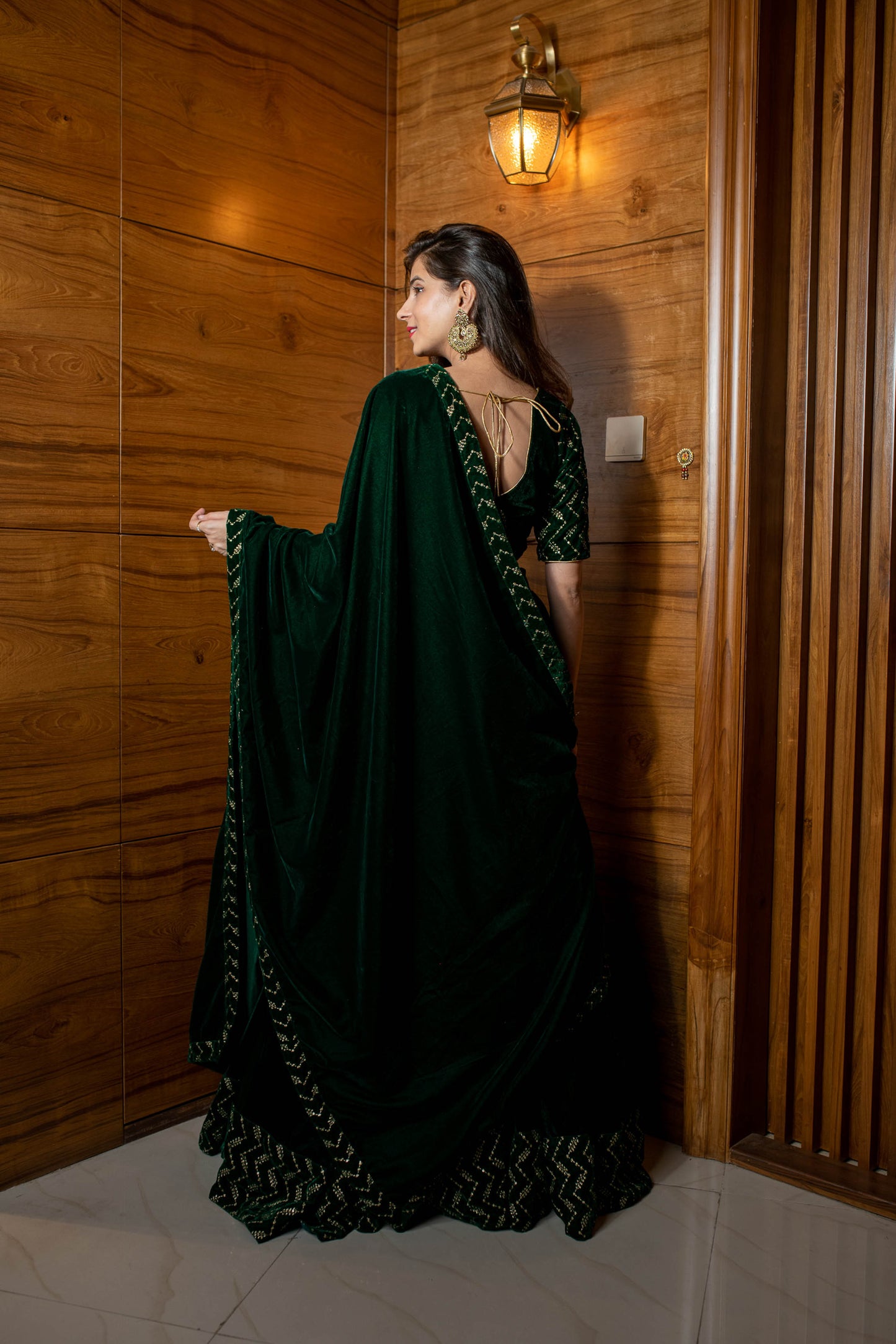 Bottle Green Sequin And Zari Work Velvet Lehenga