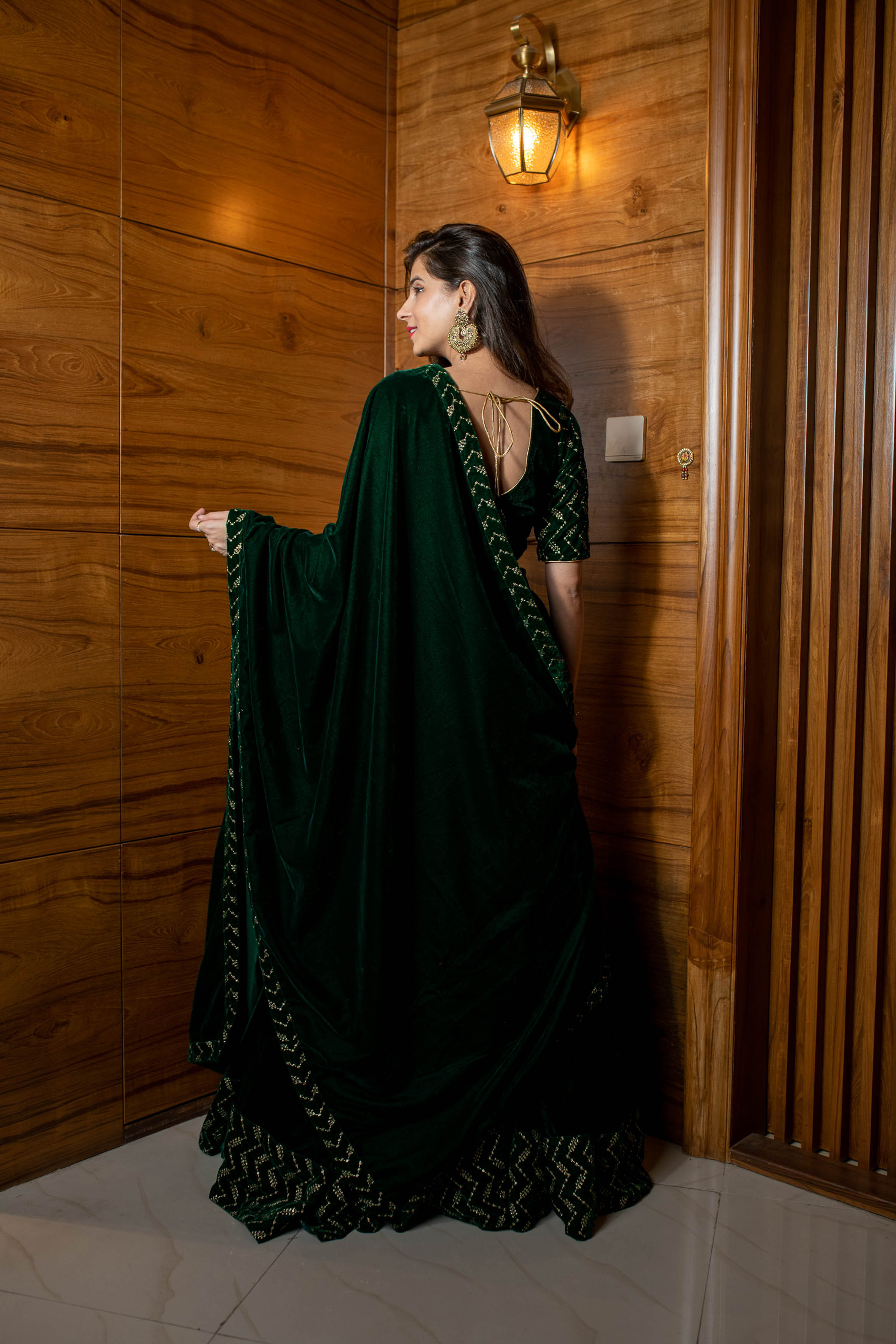 Bottle Green Sequin And Zari Work Velvet Lehenga