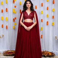 Maroon Cape Sleeves Lehenga Set