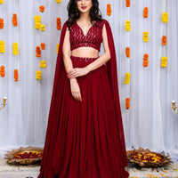 Maroon Cape Sleeves Lehenga Set