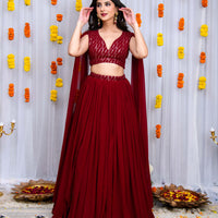 Maroon Cape Sleeves Lehenga Set