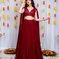 Maroon Cape Sleeves Lehenga Set