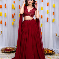Maroon Cape Sleeves Lehenga Set