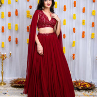 Maroon Cape Sleeves Lehenga Set