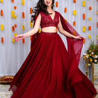 Maroon Cape Sleeves Lehenga Set