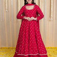 Red Anarkali Lehenga Set with Rubber Foil Detailing