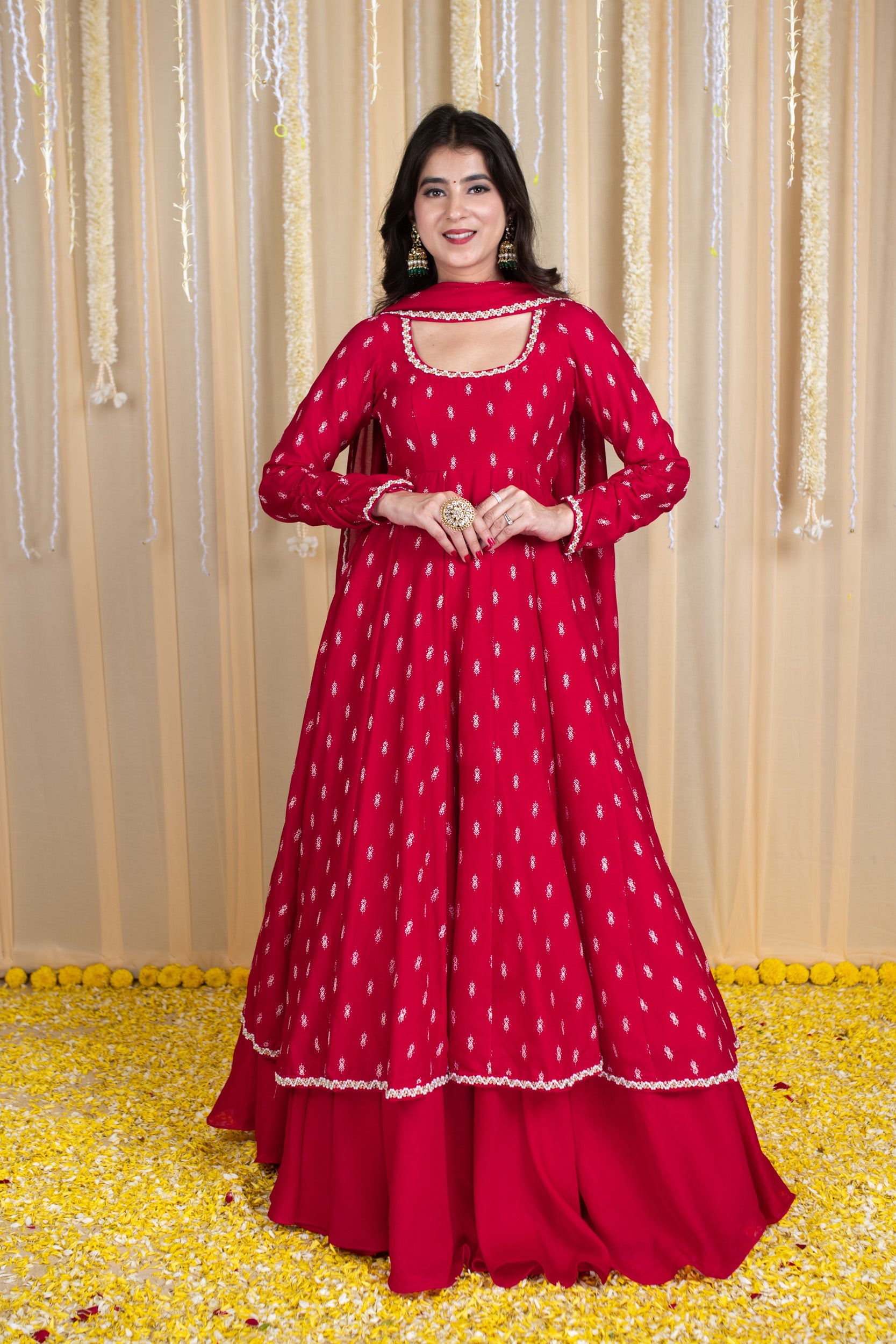 Red Anarkali Lehenga Set with Rubber Foil Detailing