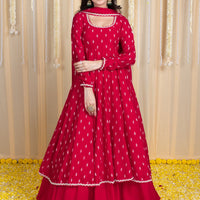 Red Anarkali Lehenga Set with Rubber Foil Detailing