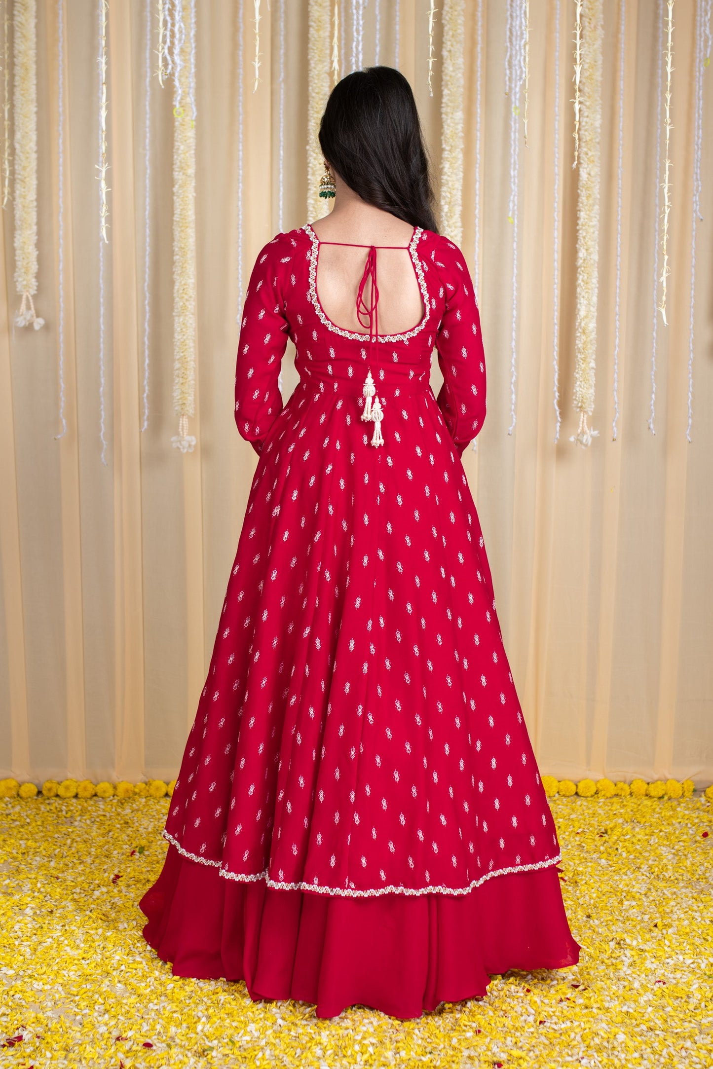 Red Anarkali Lehenga Set with Rubber Foil Detailing