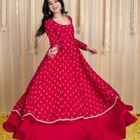 Red Anarkali Lehenga Set with Rubber Foil Detailing