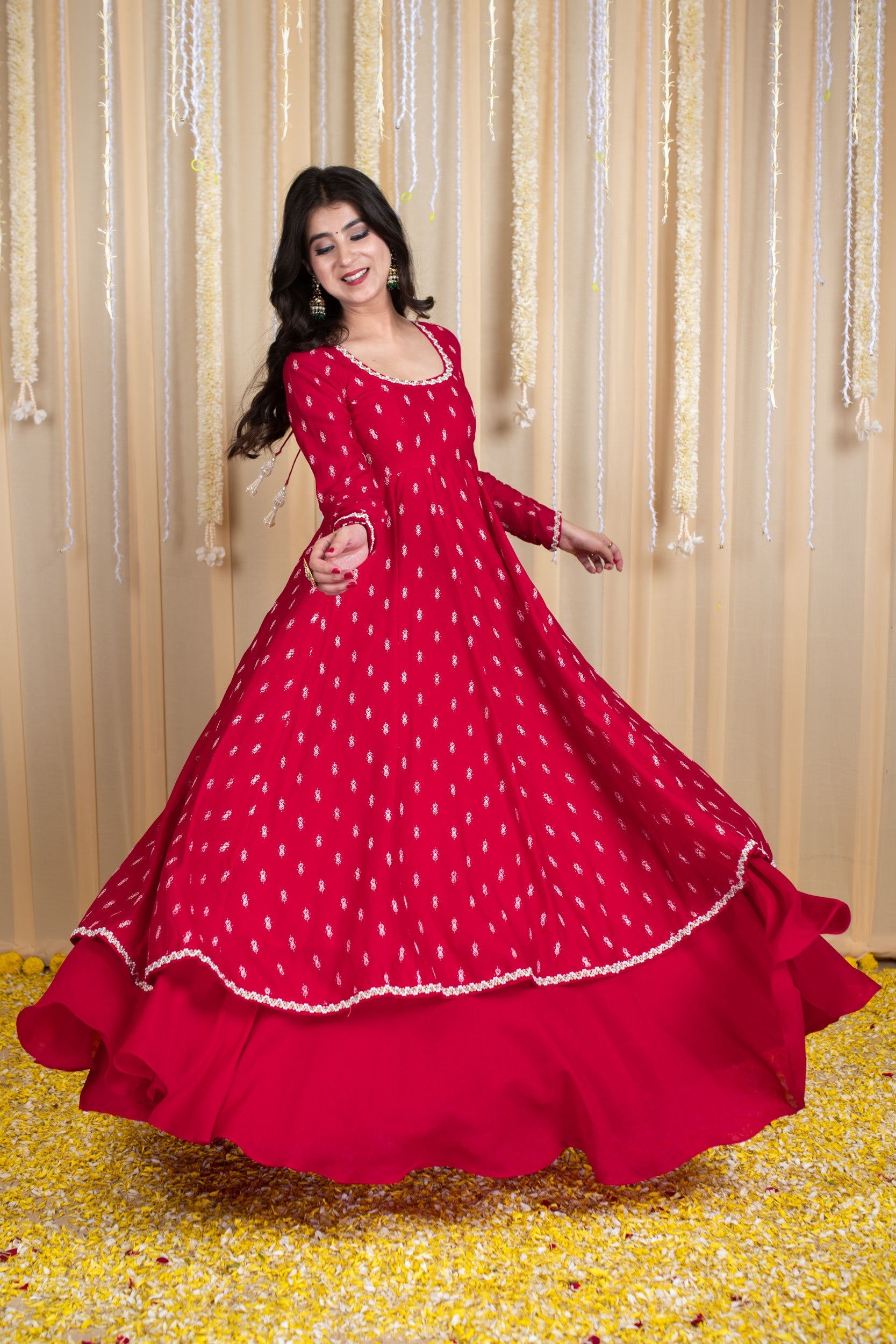 Red Anarkali Lehenga Set with Rubber Foil Detailing