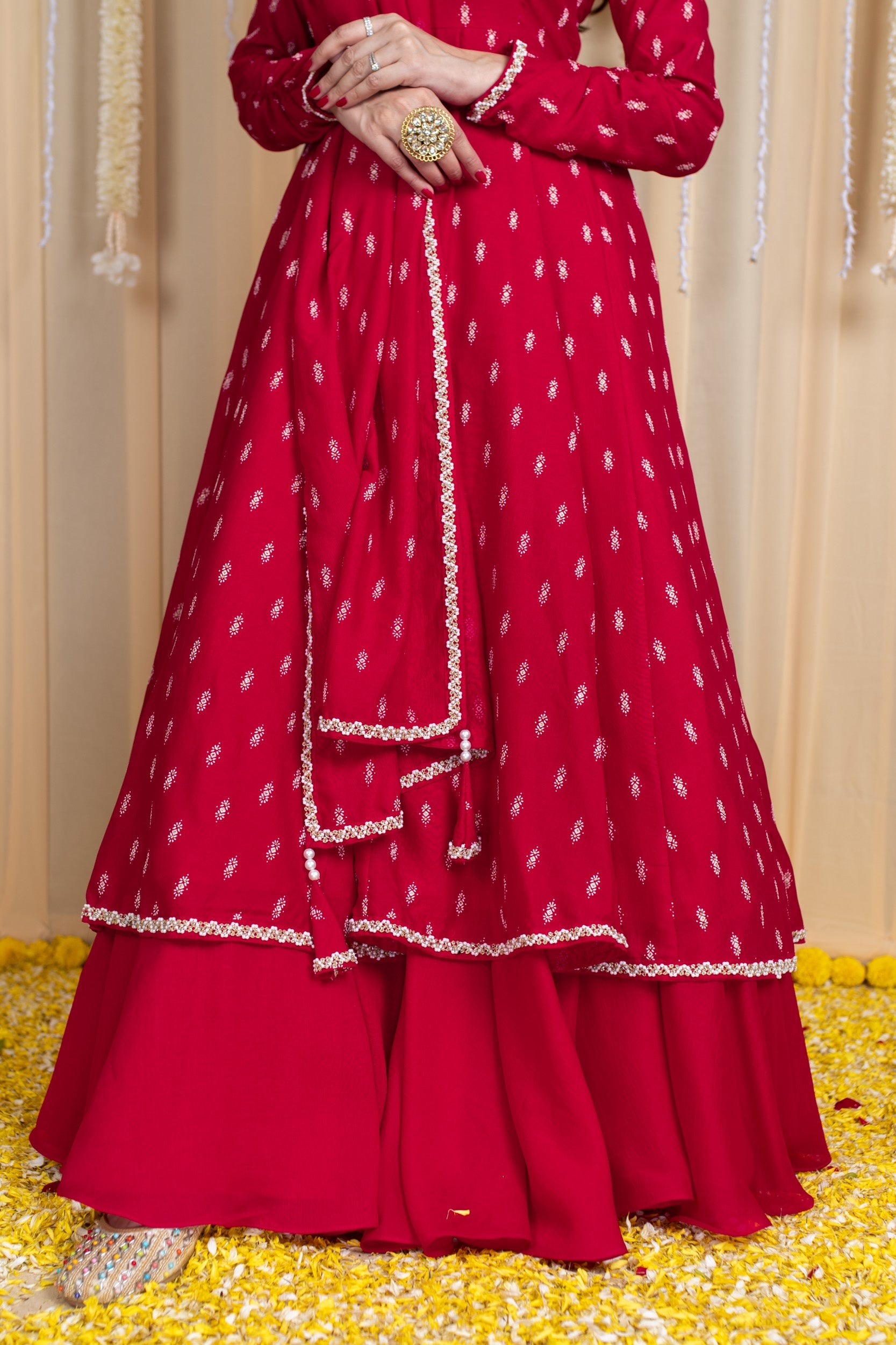 Red Anarkali Lehenga Set with Rubber Foil Detailing