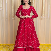 Red Anarkali Lehenga Set with Rubber Foil Detailing