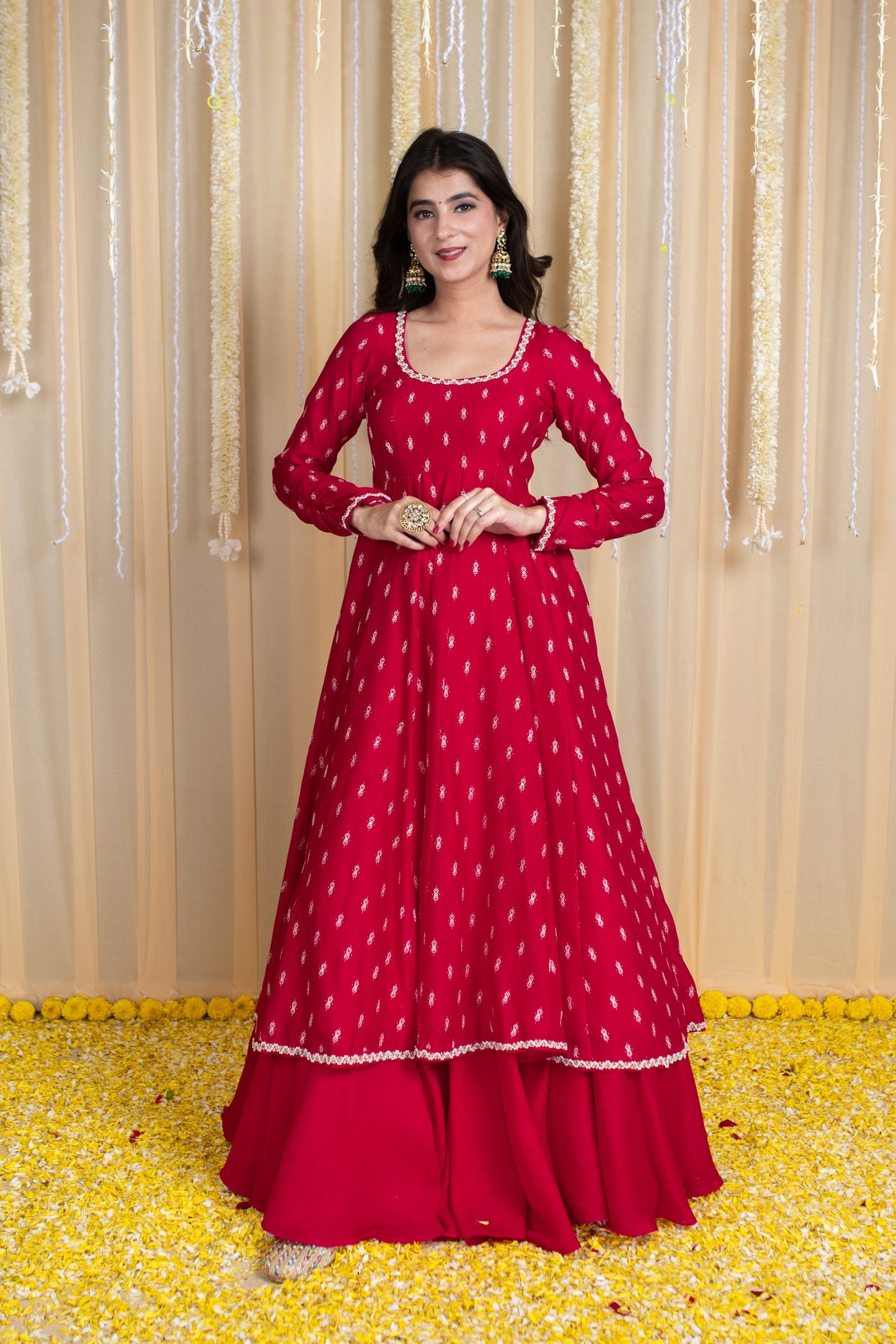 Red Anarkali Lehenga Set with Rubber Foil Detailing