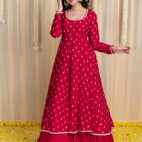 Red Anarkali Lehenga Set with Rubber Foil Detailing