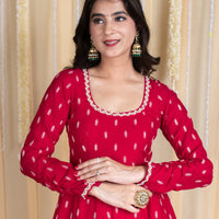 Red Anarkali Lehenga Set with Rubber Foil Detailing