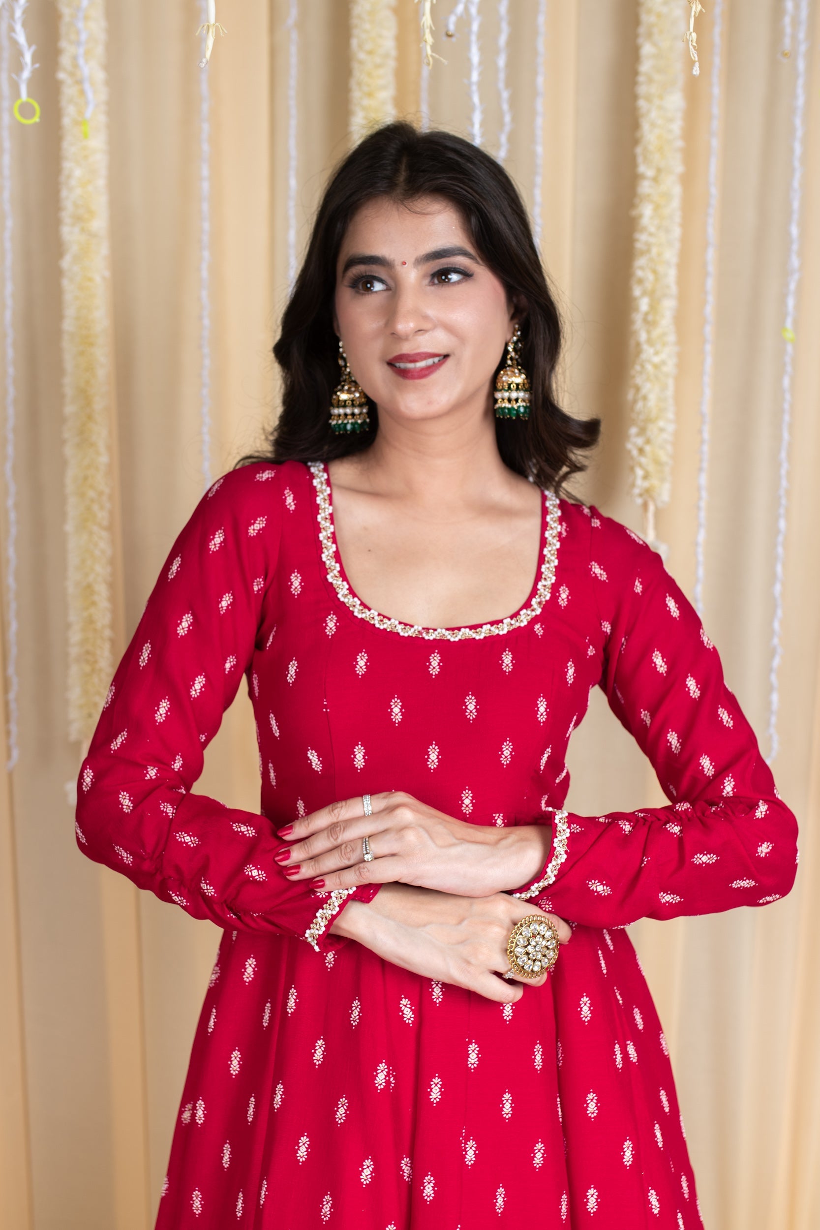 Red Anarkali Lehenga Set with Rubber Foil Detailing