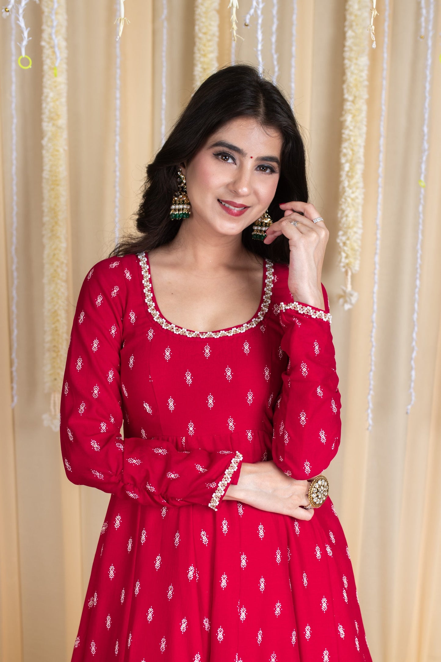 Red Anarkali Lehenga Set with Rubber Foil Detailing