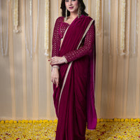 Velvet Magenta Embellished Blouse Ready to Wear Saree