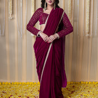 Velvet Magenta Embellished Blouse Ready to Wear Saree