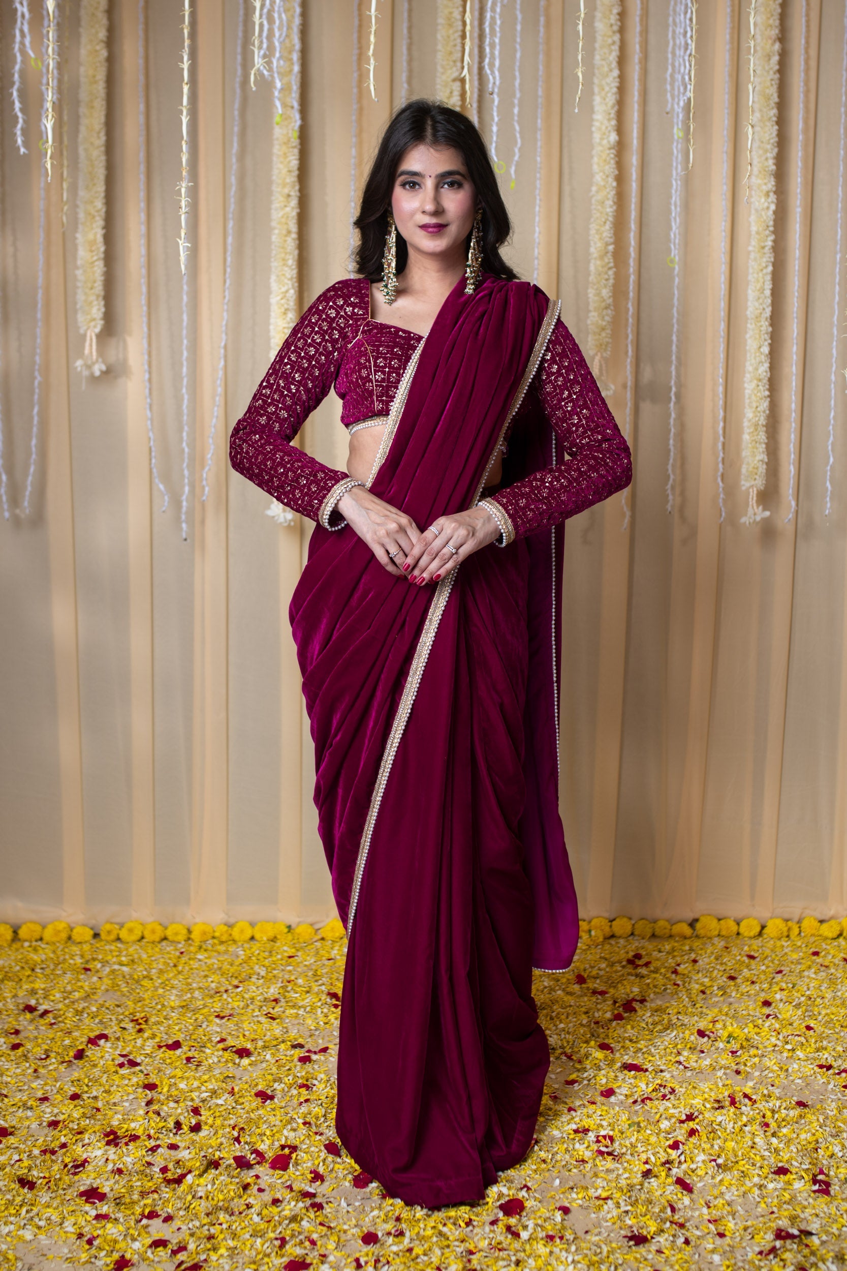 Velvet Magenta Embellished Blouse Ready to Wear Saree