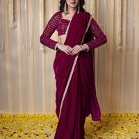 Velvet Magenta Embellished Blouse Ready to Wear Saree