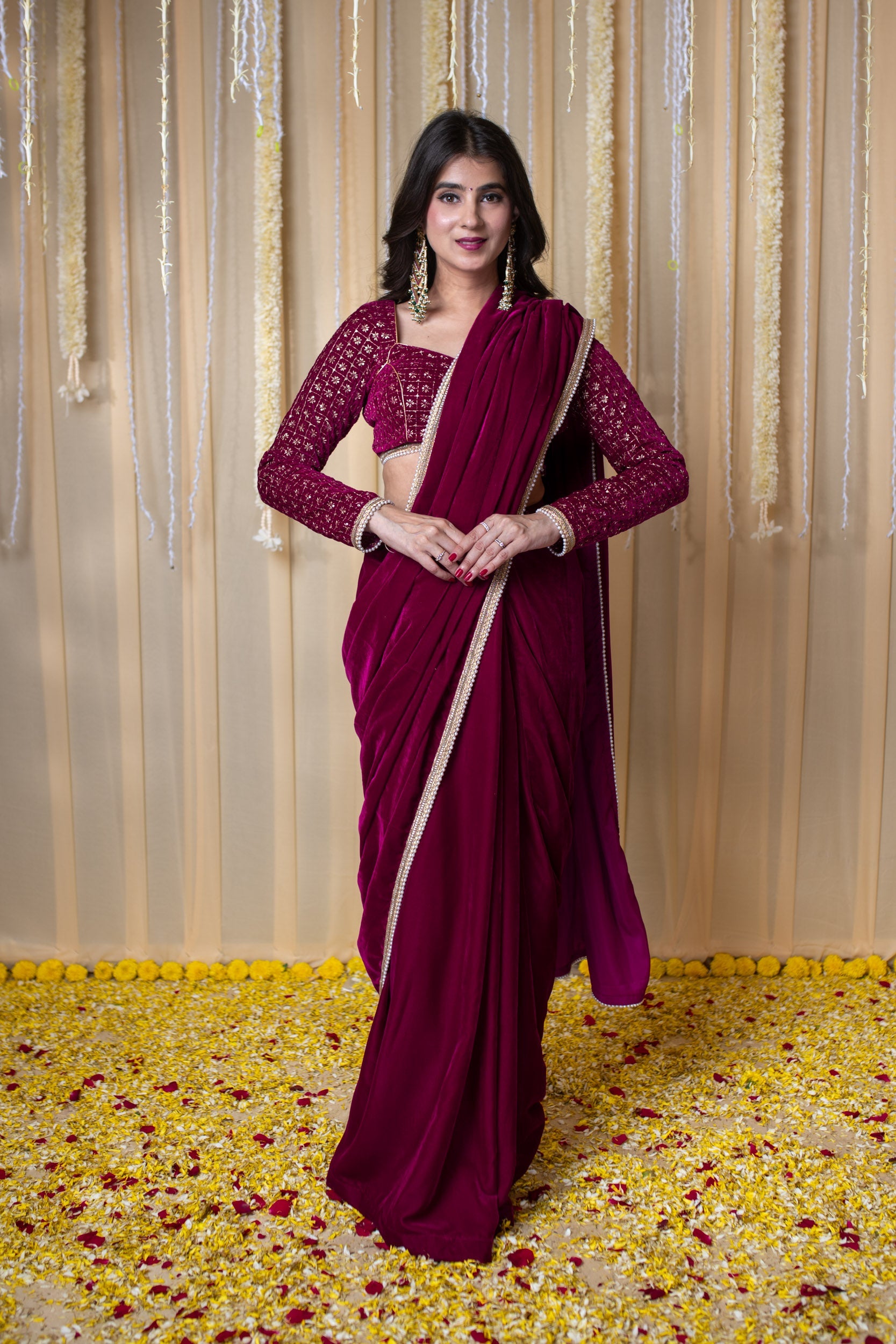 Velvet Magenta Embellished Blouse Ready to Wear Saree