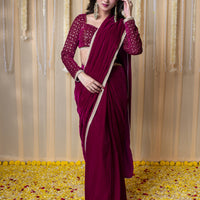 Velvet Magenta Embellished Blouse Ready to Wear Saree
