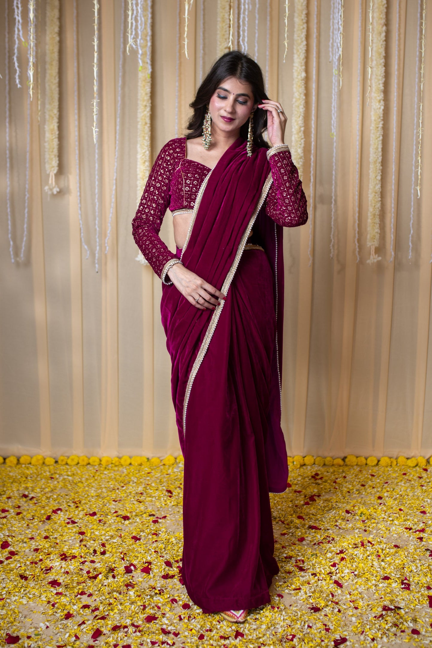 Velvet Magenta Embellished Blouse Ready to Wear Saree
