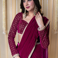 Velvet Magenta Embellished Blouse Ready to Wear Saree