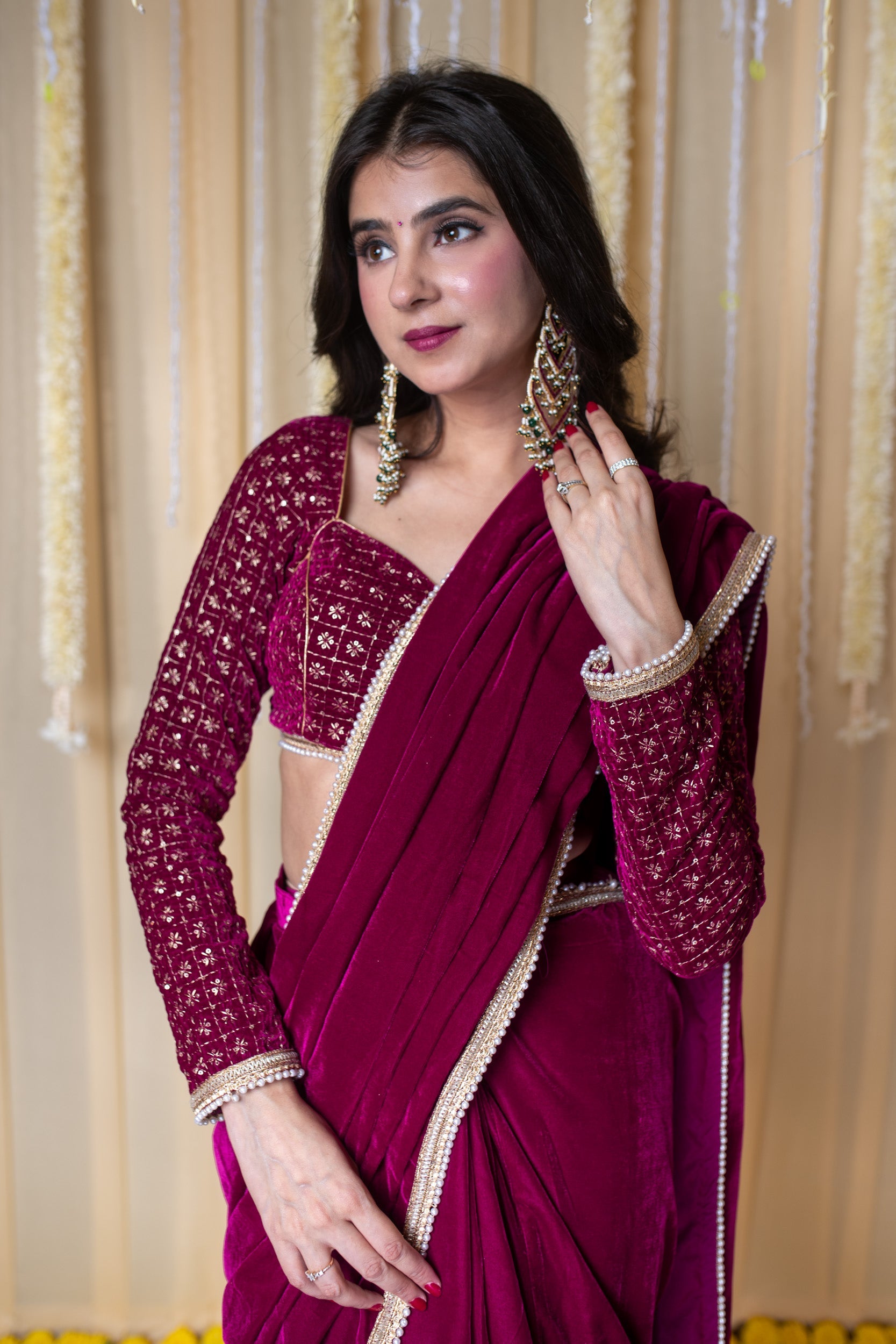 Velvet Magenta Embellished Blouse Ready to Wear Saree