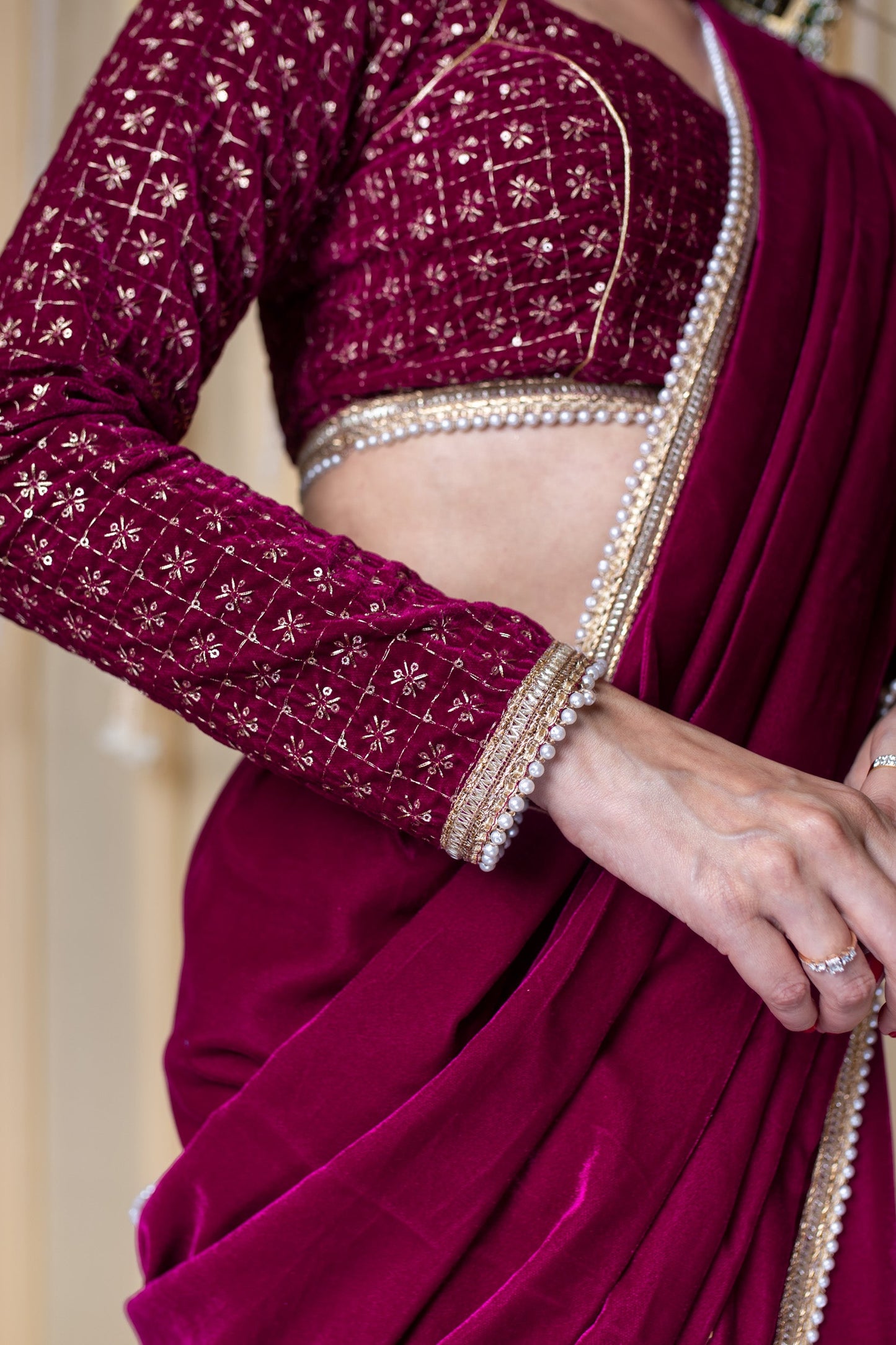 Velvet Magenta Embellished Blouse Ready to Wear Saree